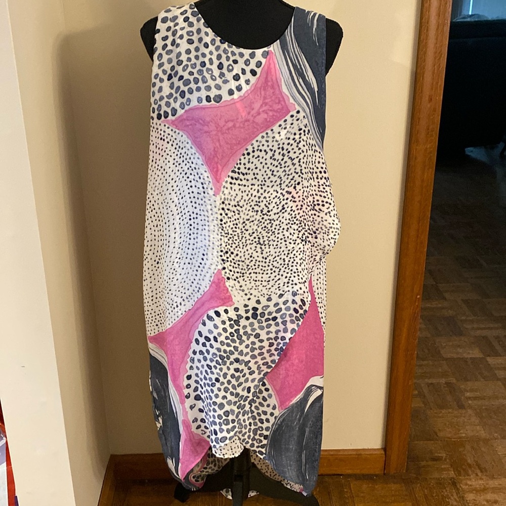 Nic & Zoe cream/blue/pink geometric pattern midi dress. Size L.